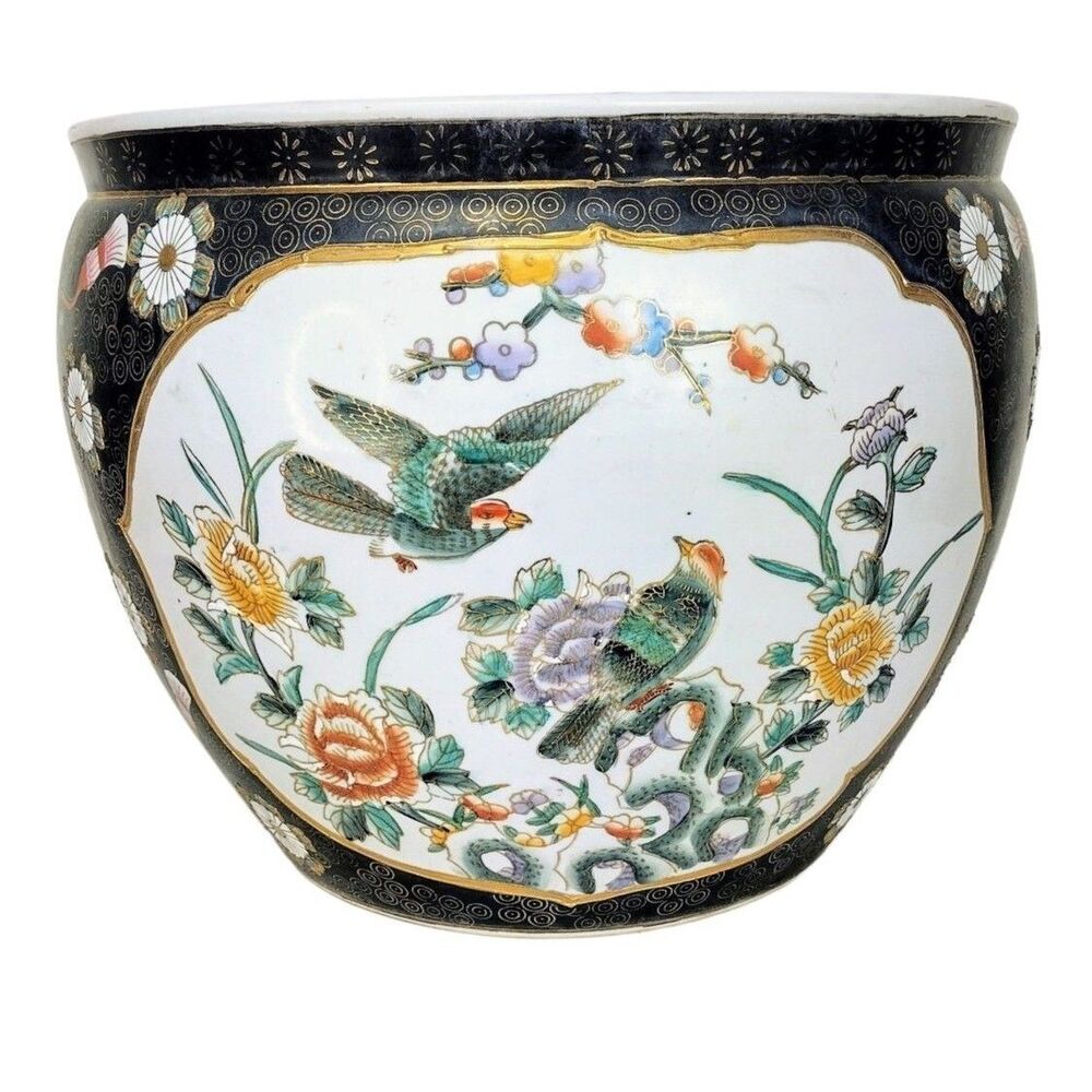 Ceramic Chinese Chinoiserie Fishbowl Floral Bird Motif Vintage Bowl Planter